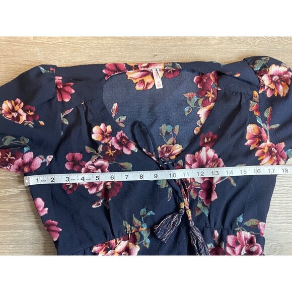Xhilaration Navy Floral V Neck Faux Wrap Ruffle Hem Knee Length Dress Sz XS - Picture 8 of 11